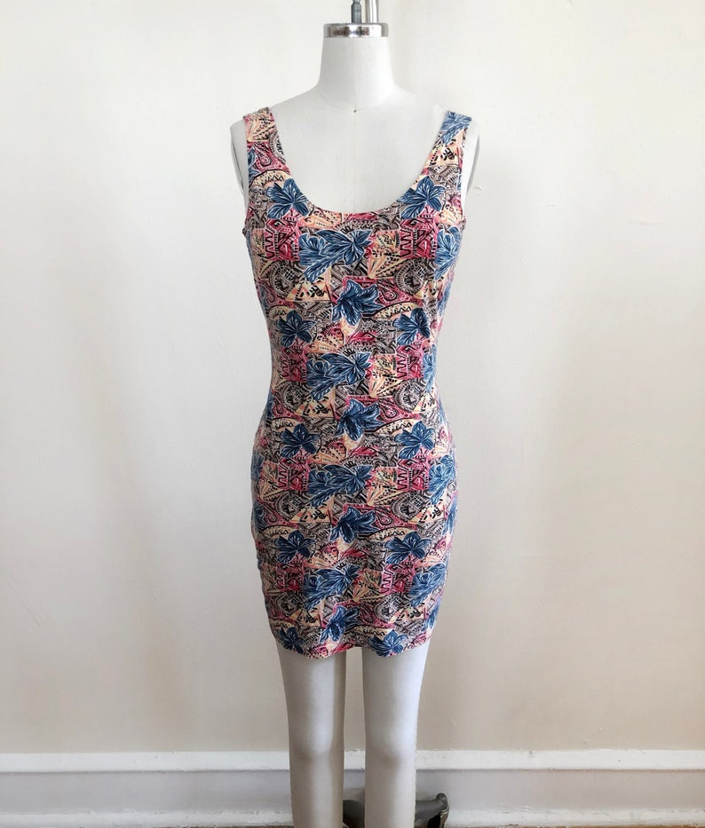Florales/Conversational Print Body-Con Mini-Kleid 1980er Jahre Bild 1