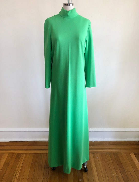 Lime Green Mock-Neck Knit Maxi Dress - 1970s - image 1