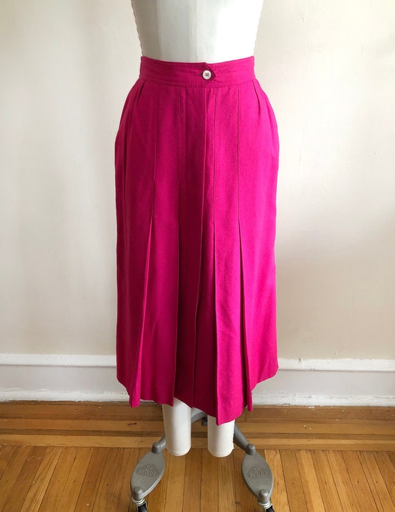 Bright Pink Pleated Raw Silk Midi Skirt - 1980s