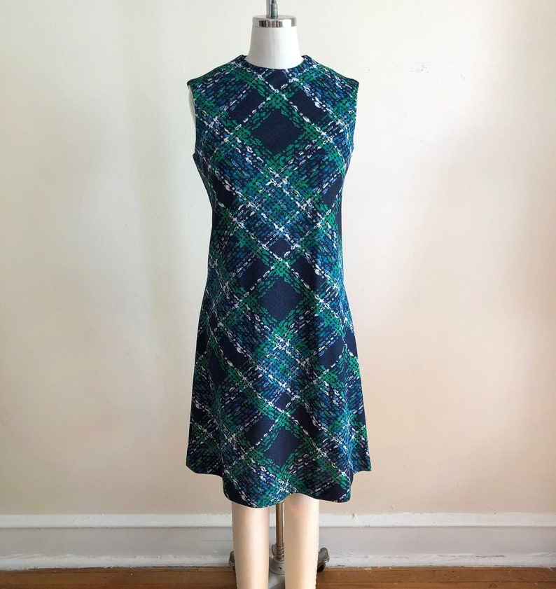 Sleeveless Bright Blue and Green Geometric Print Shift Dress 1960s image 1
