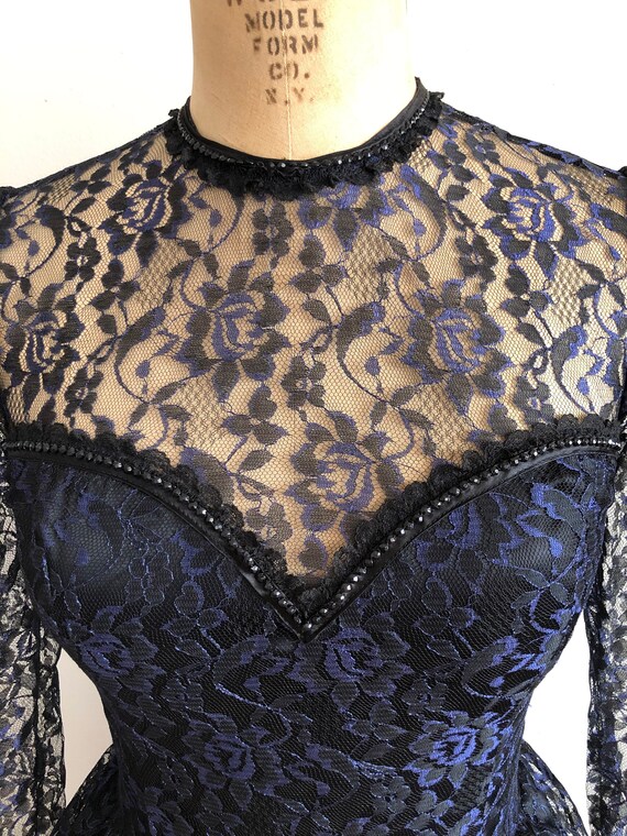 Blue and Black Lace Overlay Gunne Sax Gown - 1980s - image 3