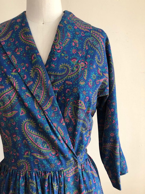 Bright Blue Paisley Print Cotton Wrap Dress - 195… - image 3