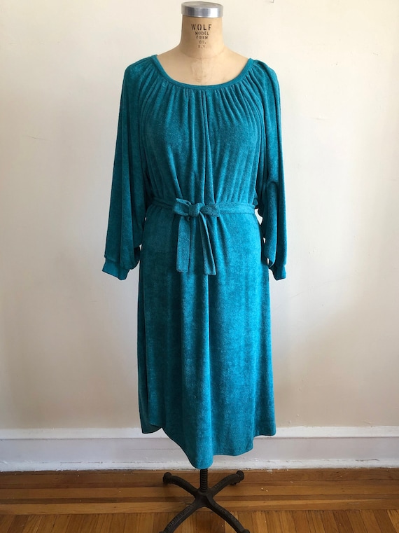 Teal Terrycloth Dress with Belt - 1970s