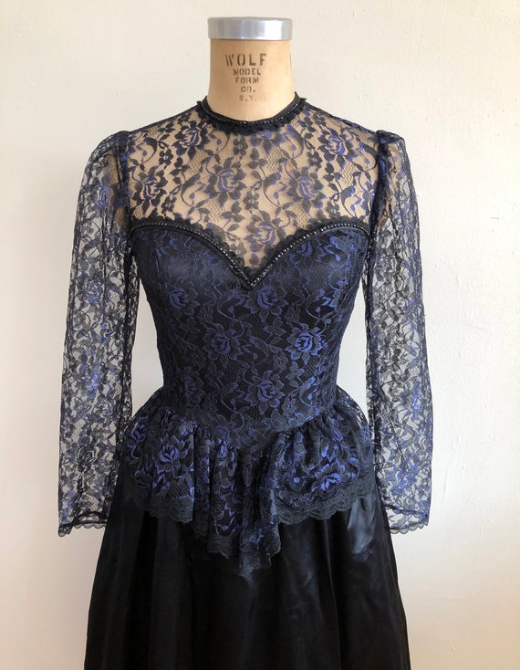 Blue and Black Lace Overlay Gunne Sax Gown - 1980s - image 2