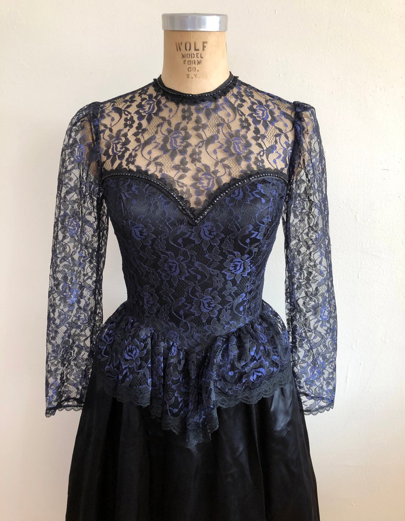 Blue and Black Lace Overlay Gunne Sax Gown 1980s image 2