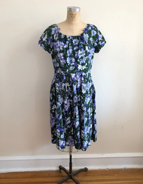 Purple and Green Floral print Dress - 1950s