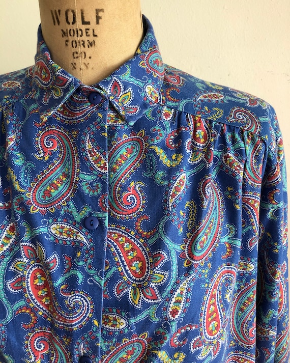 Bright Blue Paisley Print Blouse/Tunic - 1970s - image 2