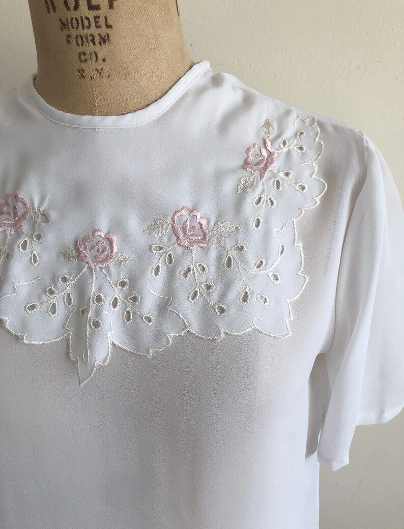 Sheer White Blouse with Oversized, Embroidered Bib Collar 1980s image 2