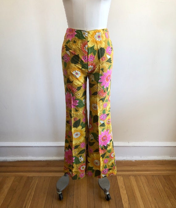 Yellow and Bright Pink Floral Print Flared Pants -