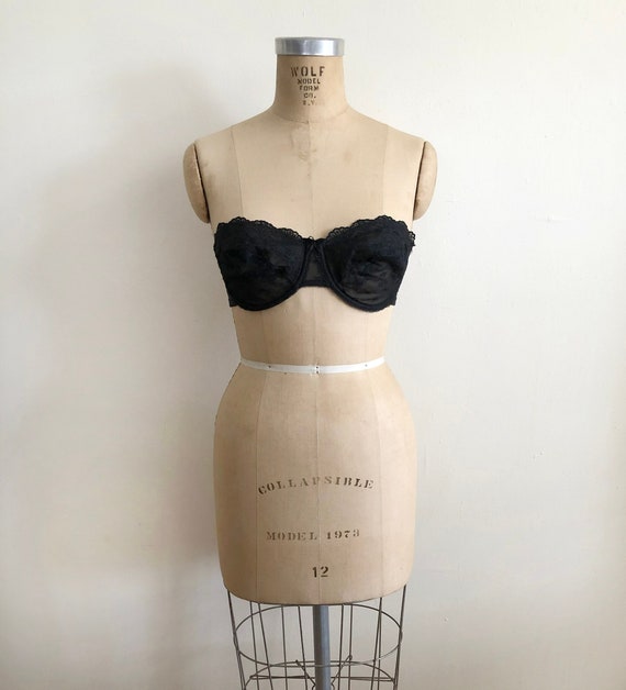 Black Lace Strapless Underwire Bra - 1980s