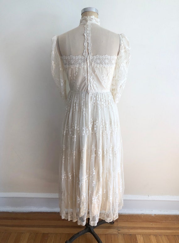 Cream Embroidered Net Dress with Mock-Neck - 1980s - image 6
