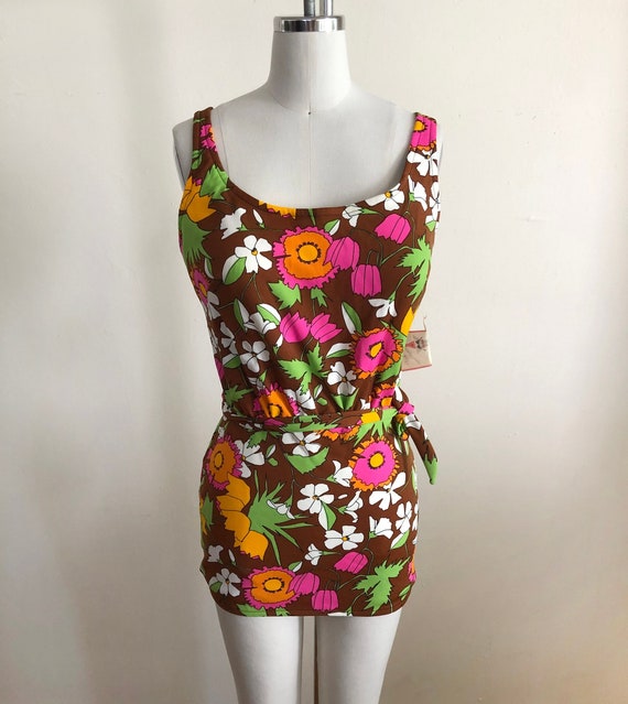 Brown Floral Print Swimsuit - 1970s - image 1