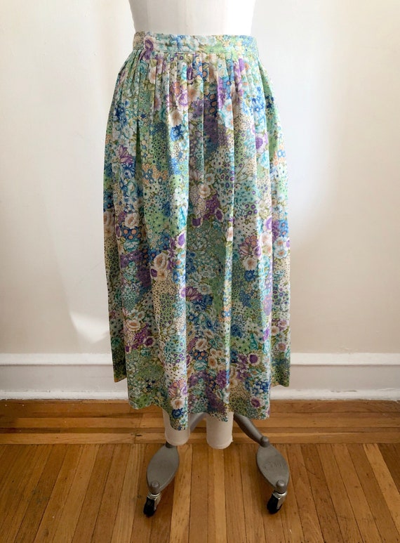 Blue Floral Print Midi Skirt - 1980s