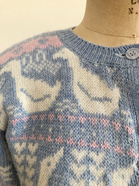 Pale Blue and Pink Duckling Motif Cardigan - 1980s - image 3