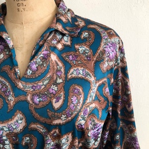 Teal and Brown Floral Print Blouse with Tie 1970s image 3