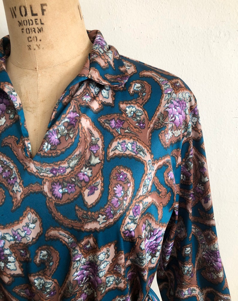 Teal and Brown Floral Print Blouse with Tie 1970s image 3