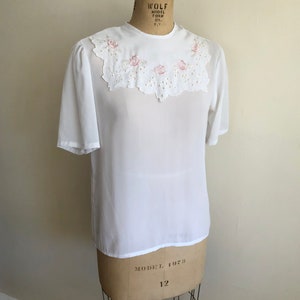 Sheer White Blouse with Oversized, Embroidered Bib Collar 1980s image 4