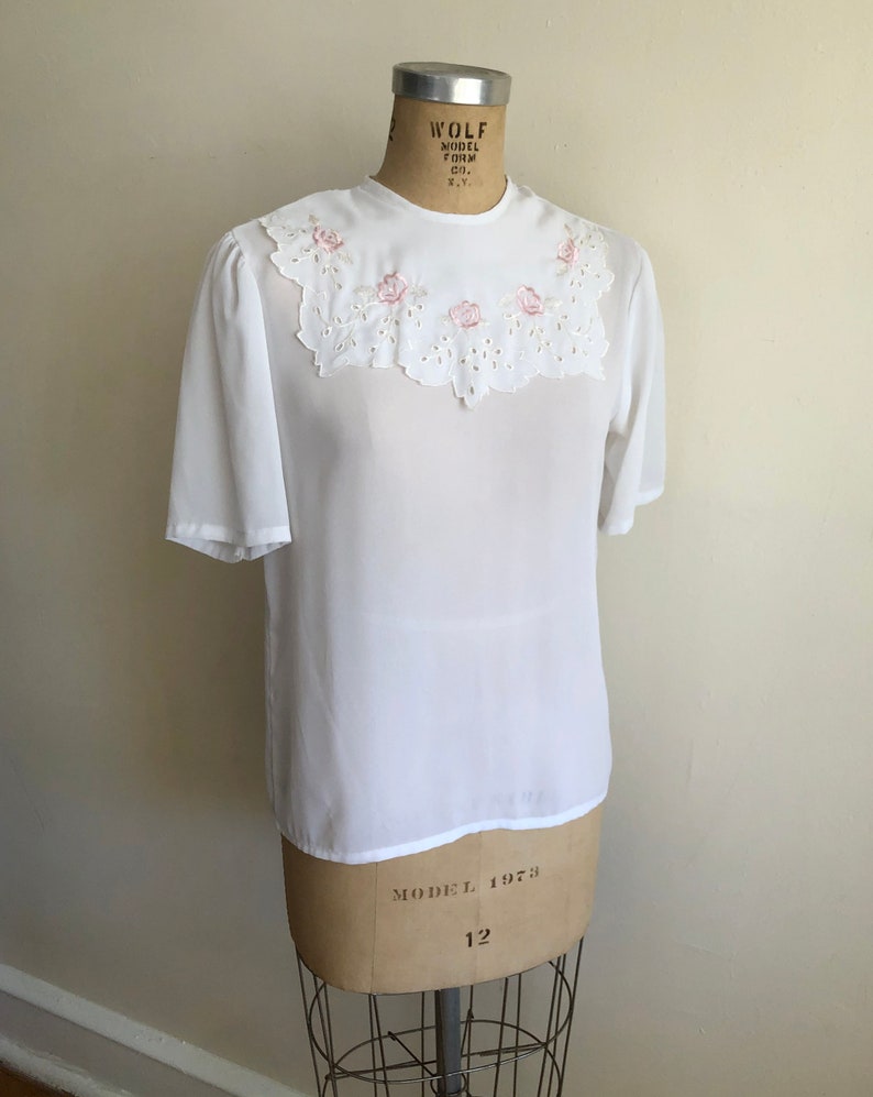Sheer White Blouse with Oversized, Embroidered Bib Collar 1980s image 4