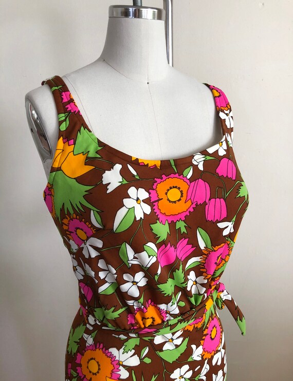 Brown Floral Print Swimsuit - 1970s - image 4