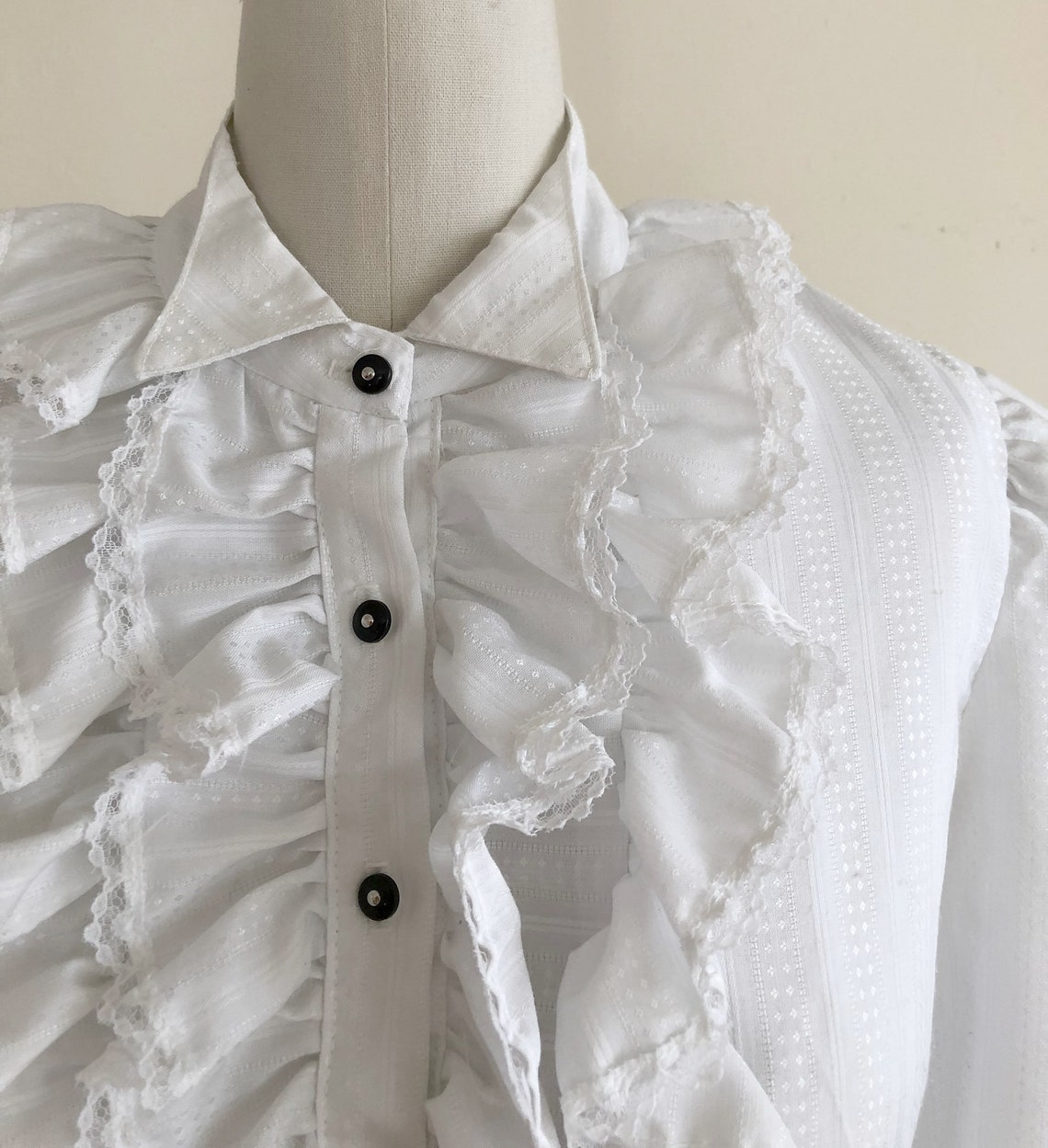 Cropped White Blouse with Ruffled Jabot Placket and Black Etsy