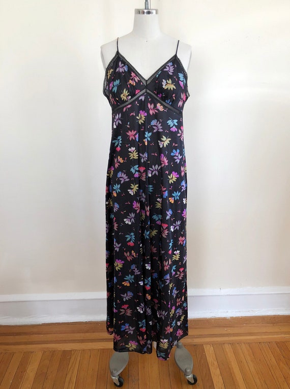 Black Floral Print Maxi-Slip/Nightgown - 1970s - image 1