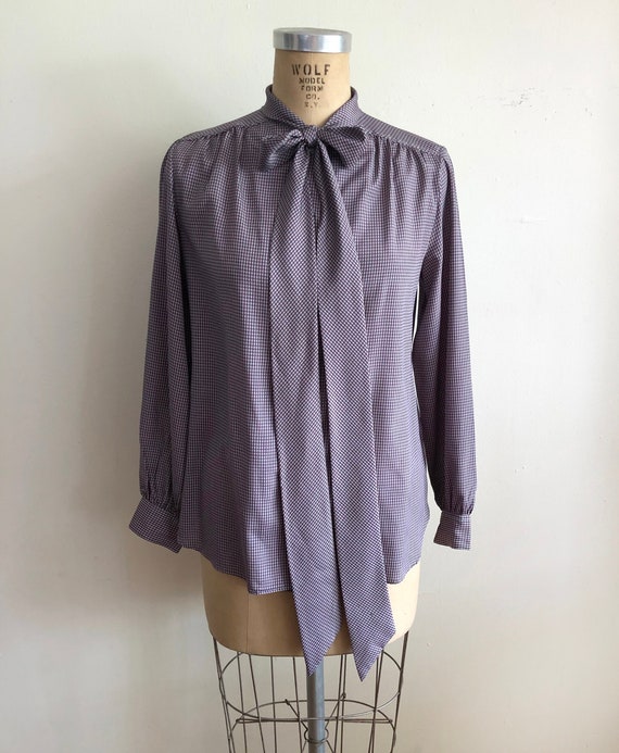 Purple Plaid Blouse with Neck Tie - 1980s