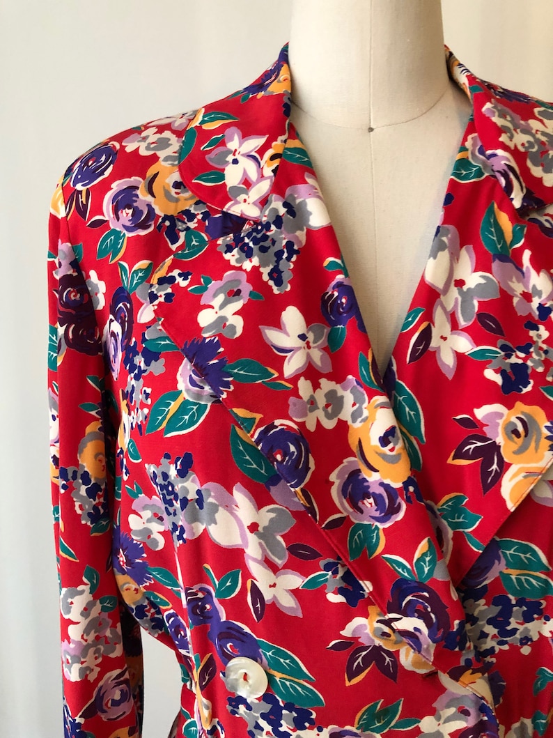 Bright Red Floral Print Midi Dress 1980s