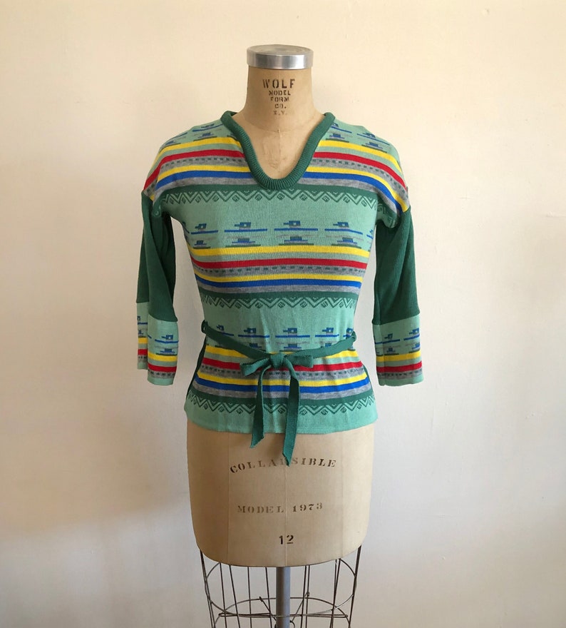 Green Southwest Motif Pullover Sweater with Tie Belt 1970s image 1