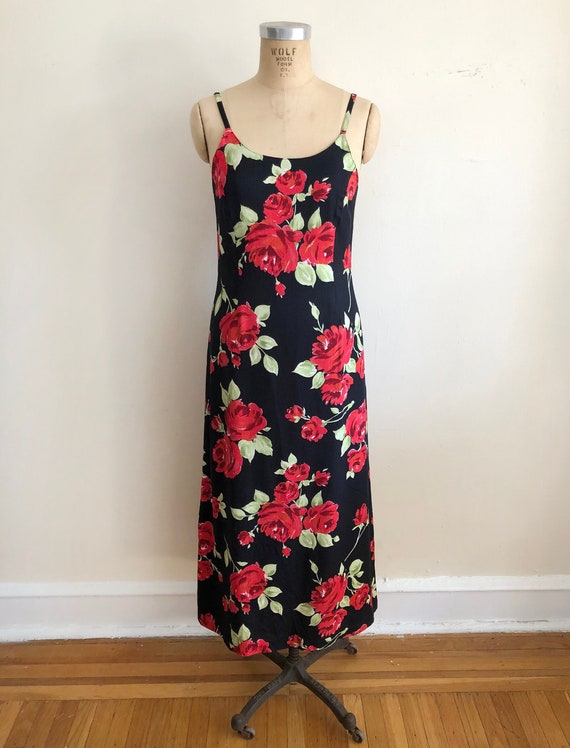 Laura Ashley Black and Red Floral Print Maxi Dres… - image 1
