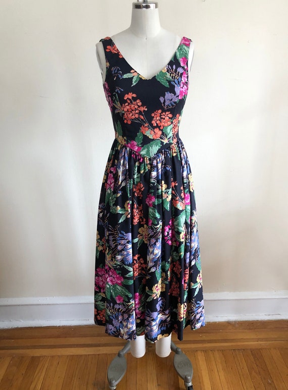 Laura Ashley Sleeveless Black Floral Print Dress … - image 1