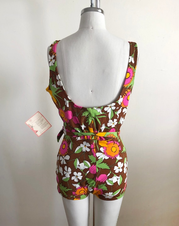 Brown Floral Print Swimsuit - 1970s - image 5