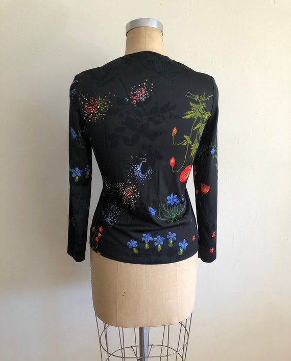 Black Floral Print Blouse - 1970s - image 5