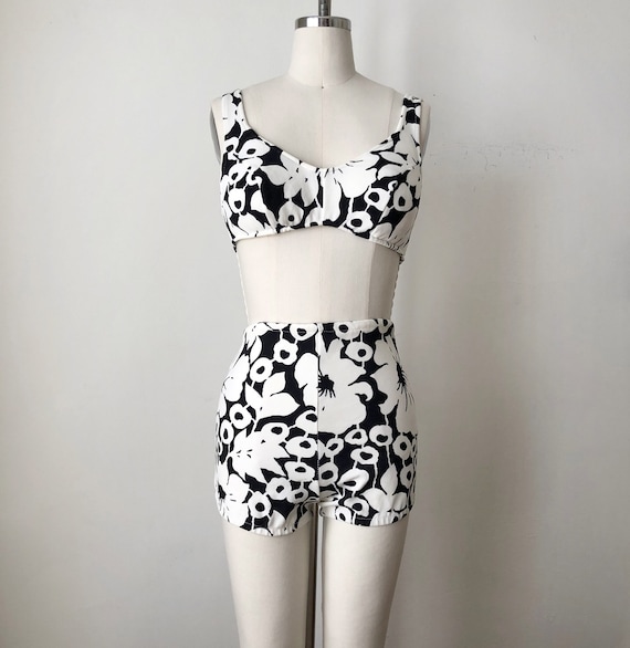Black and White Floral Print Bikini - 1960s