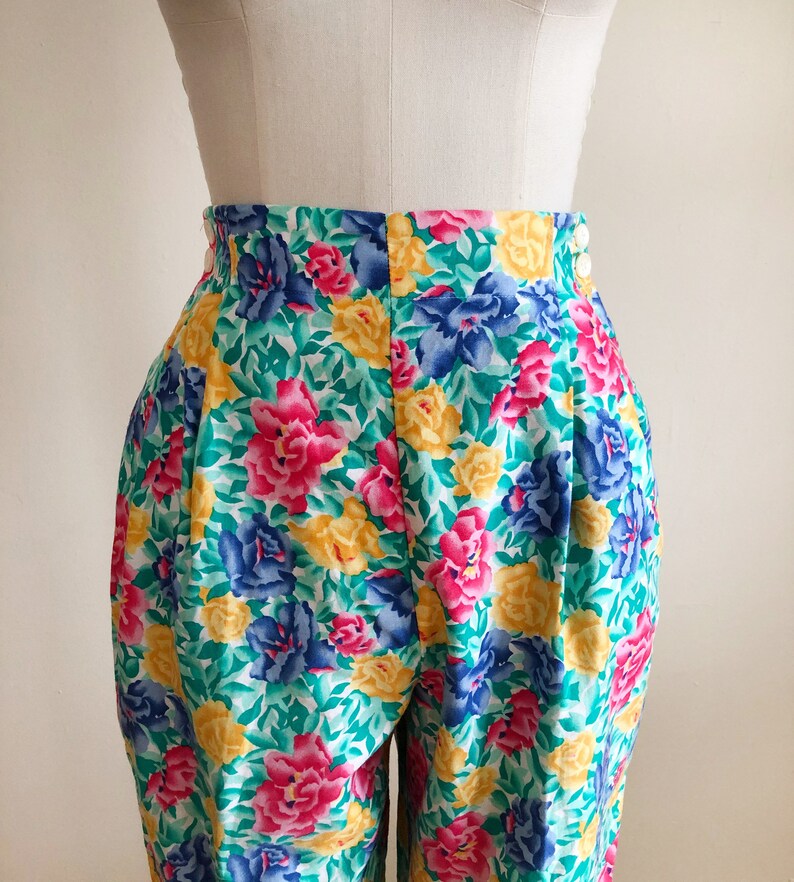 Bright Multicolored Floral Print Pants 1980s image 2