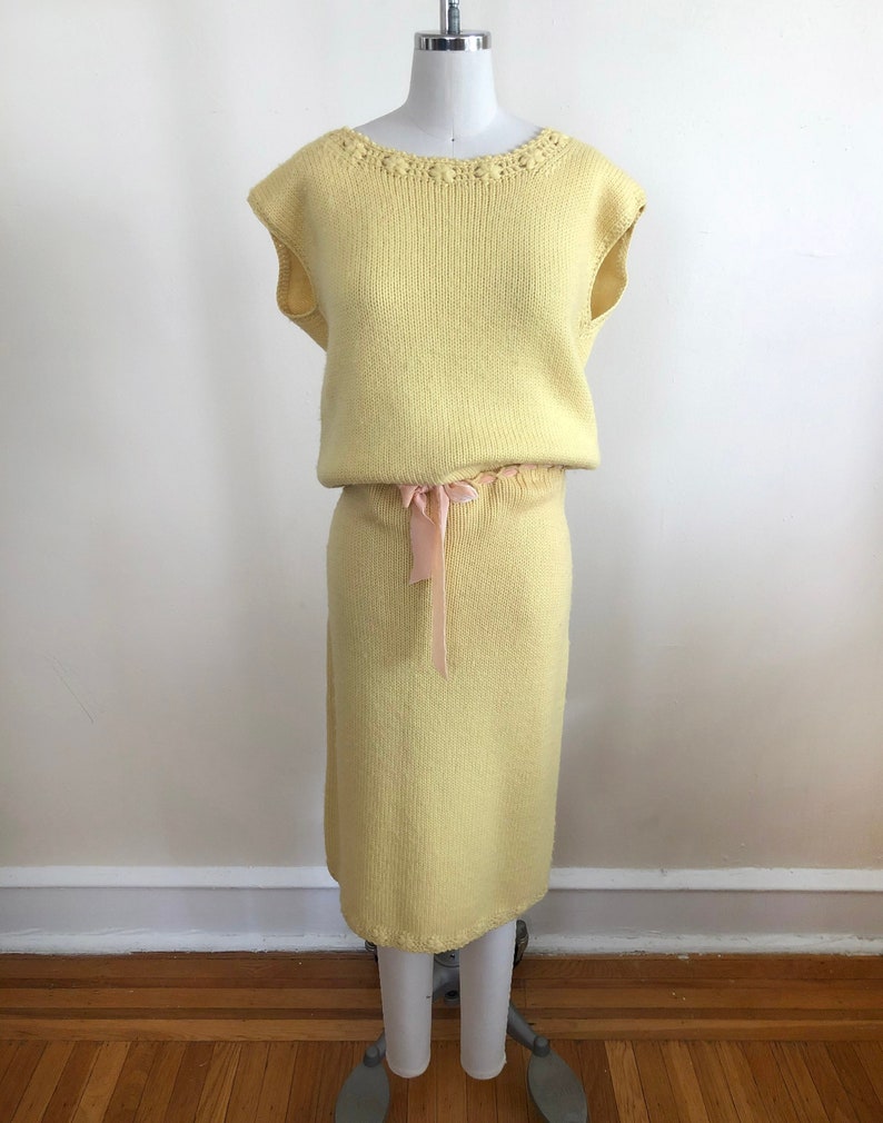 Pale Yellow Knit Top and Skirt Set with Floral Crochet Trim 1960s image 1