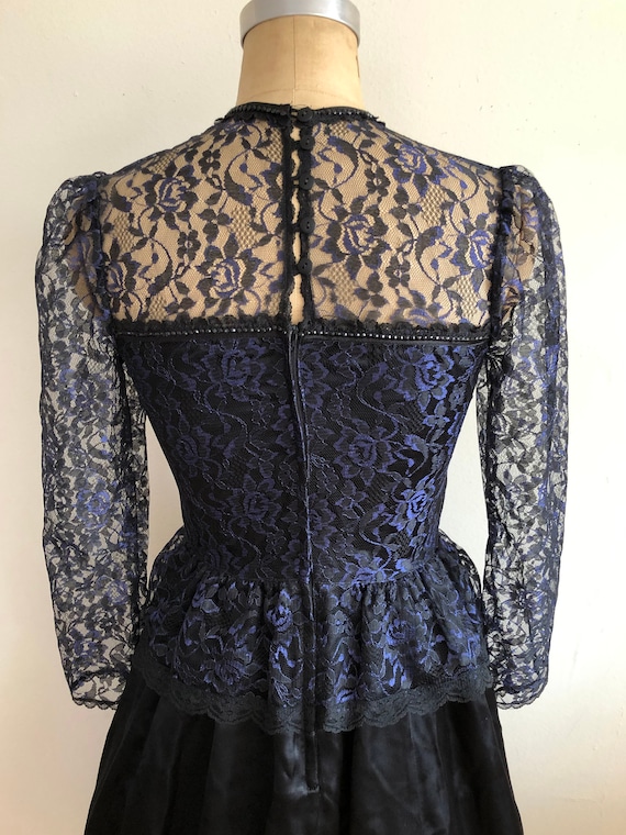 Blue and Black Lace Overlay Gunne Sax Gown - 1980s - image 4