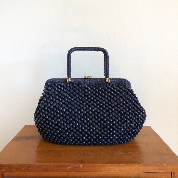Navy Blue Beaded Bag - 1960s