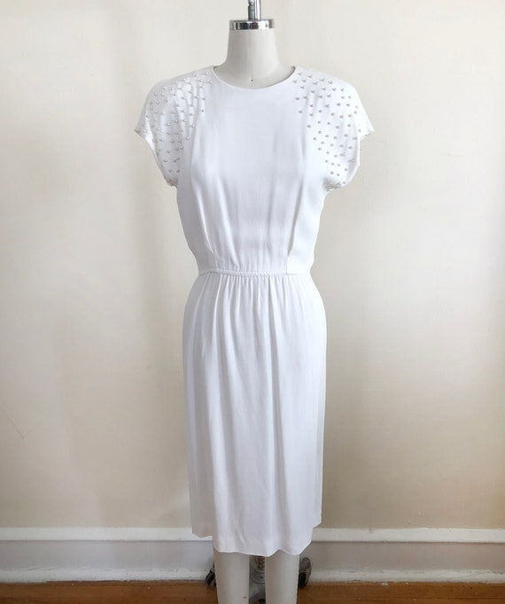 Ivory Crepe Midi-Dress with Pearl-Embellished Sle… - image 1