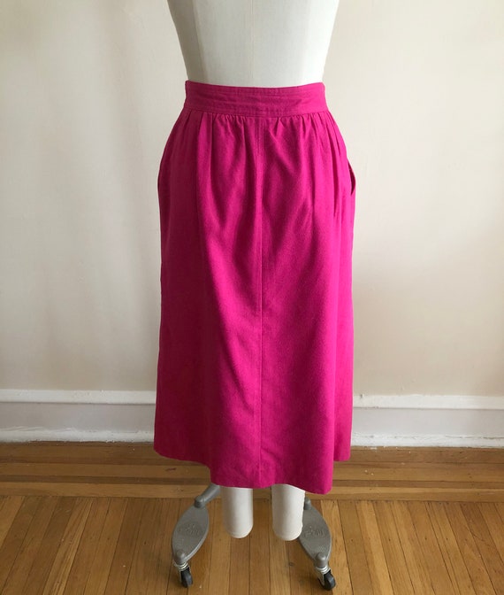 Bright Pink Pleated Raw Silk Midi Skirt - 1980s - image 4