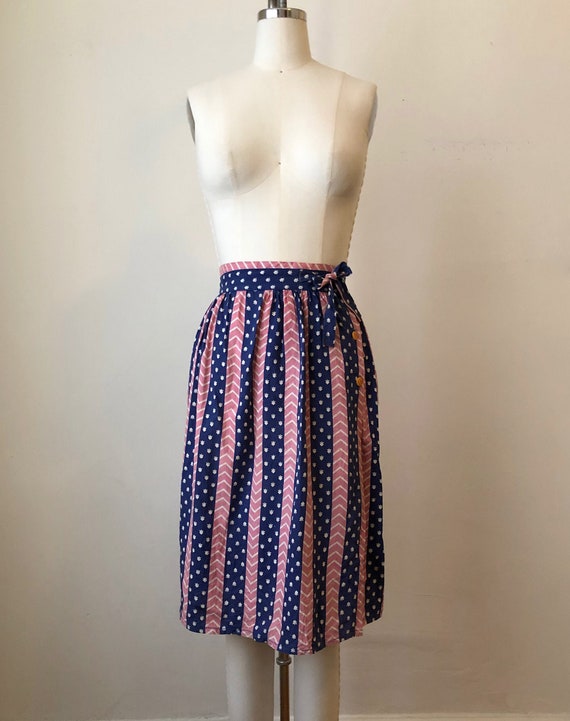 Blue and Pink Roller Print Cotton Wrap Skirt - 19… - image 2