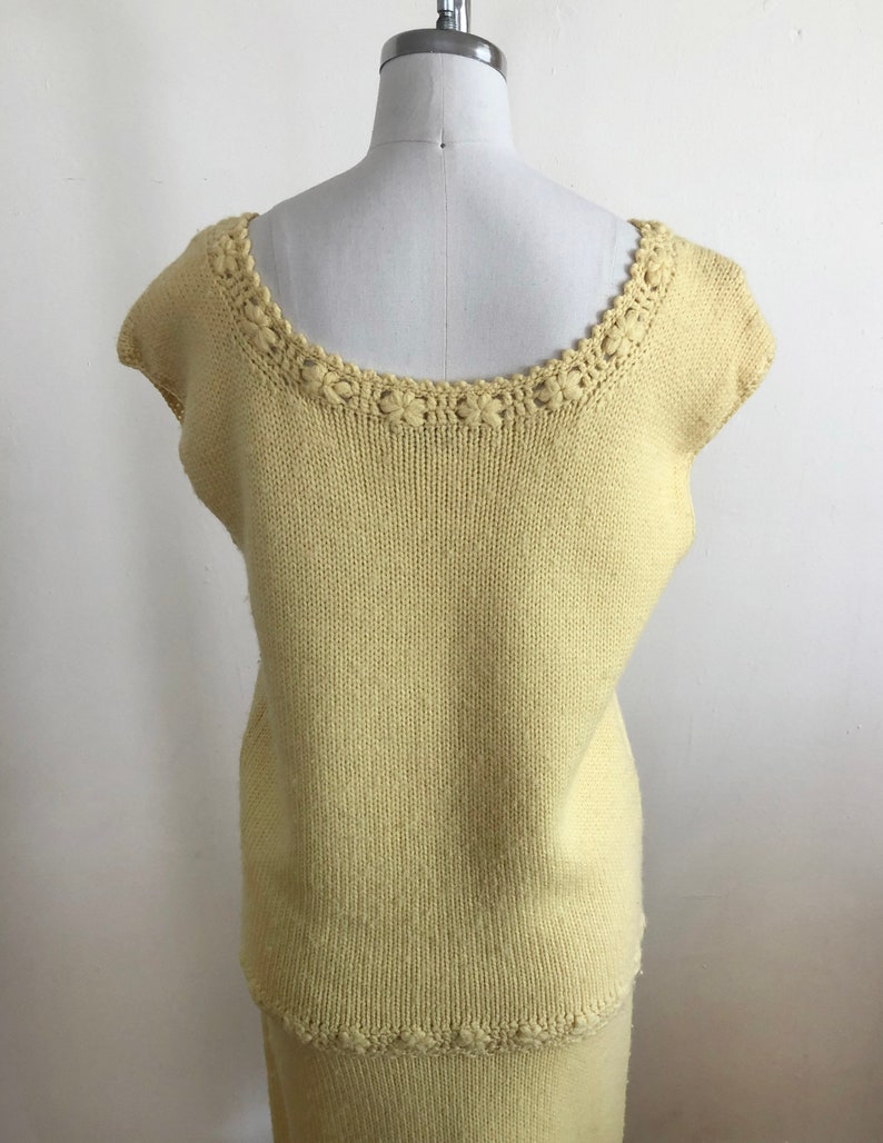 Pale Yellow Knit Top and Skirt Set with Floral Crochet Trim 1960s image 6