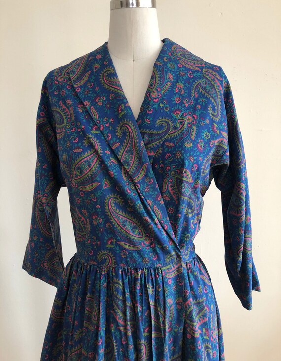 Bright Blue Paisley Print Cotton Wrap Dress - 195… - image 2