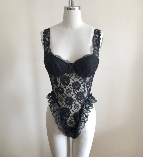 Black Lace Lingerie Romper/Bodysuit - 1980s