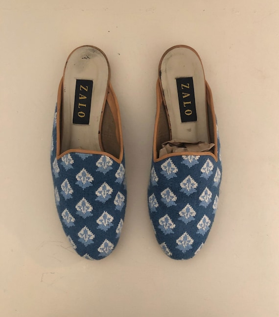 Blue and Cream Needlepoint Mules/Slip-Ons - Size 9