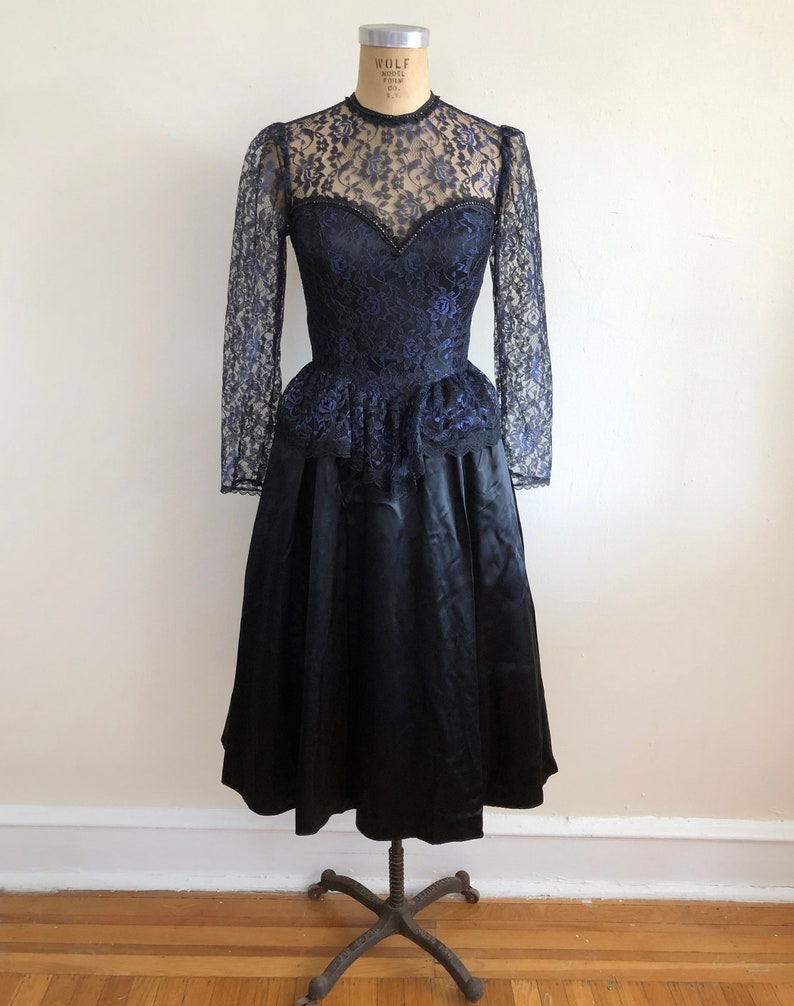 Blue and Black Lace Overlay Gunne Sax Gown 1980s image 1