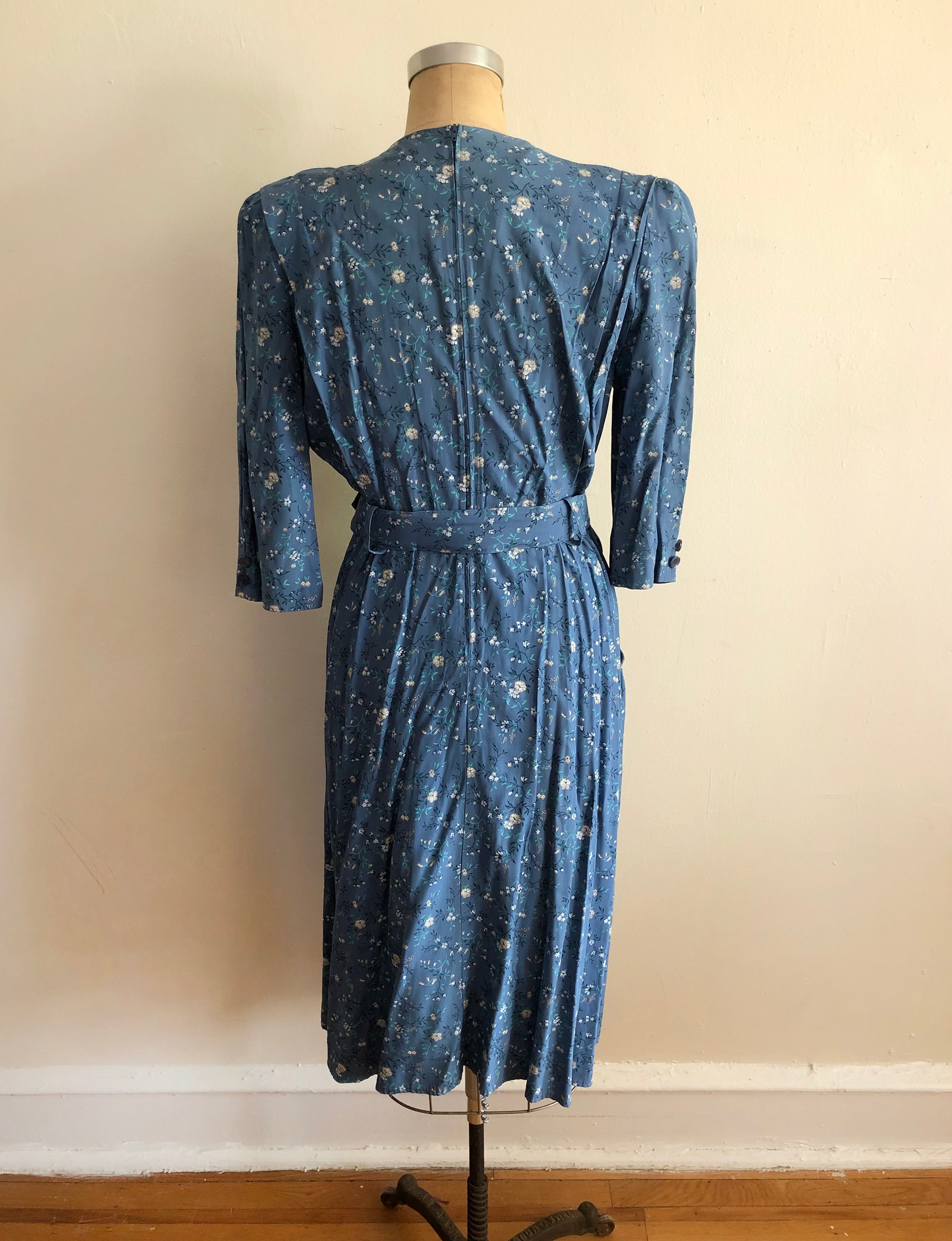 Blue and White Floral Print Dress with Belt