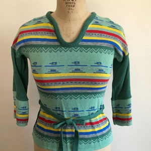 Green Southwest Motif Pullover Sweater with Tie Belt 1970s image 2