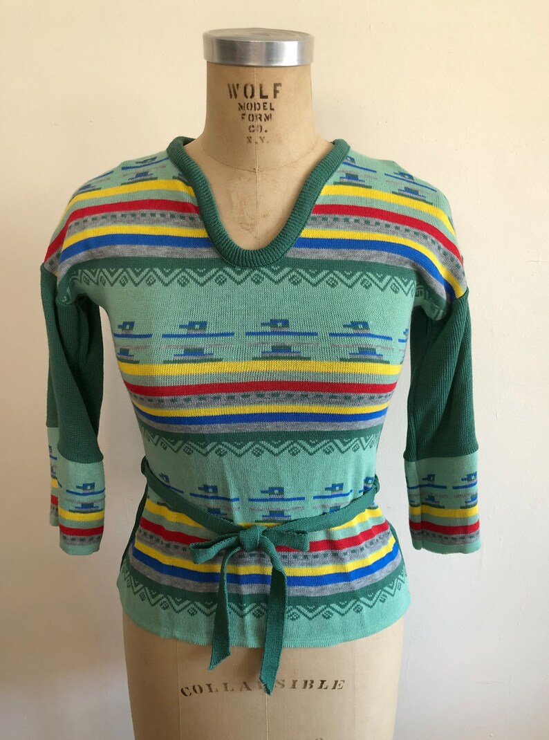 Green Southwest Motif Pullover Sweater with Tie Belt 1970s image 2