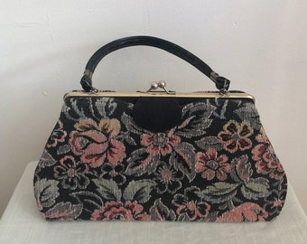 Black Floral Tapestry Handbag - 1960s