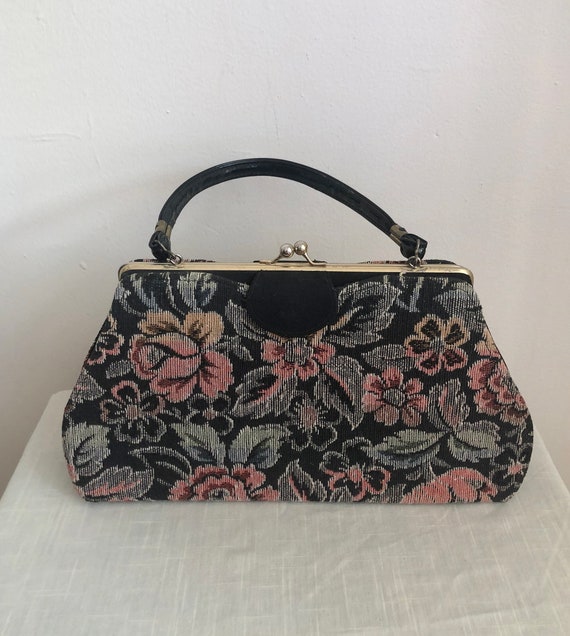 Black Floral Tapestry Handbag - 1960s - image 1